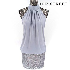 FREDERICKS Halter Neck Drop Waist Silver Sequin Skirt Bottom Party Club Dress M